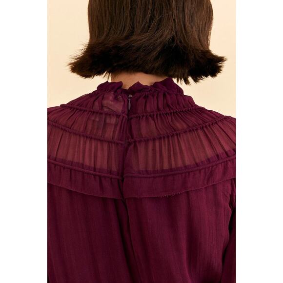 Farm Rio Ruffle High Neck Chiffon Burgundy Blouse XS - Picture 15 of 15